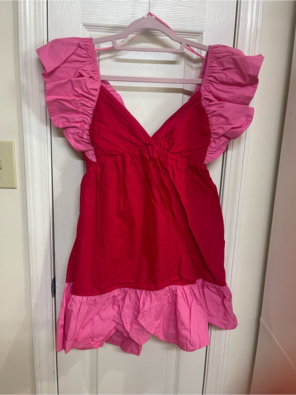 Day + Moon Two-Tone Ruffle Mini Dress in Raspberry and Pink - Picture 2 of 6